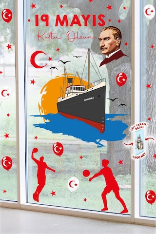 19 Mayıs Bayramı Atatürk Ve Gençlik Tema Cam Pano Duvar Sticker Seti 72 Parça Dev İki Taraflı Baskı Dijital Baskı