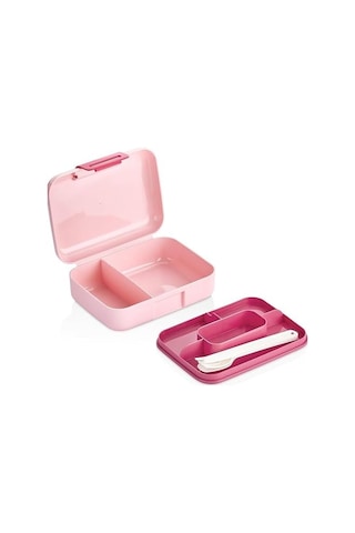 2 Katlı Bento Öğle Yemeği Kutusu, 1.6 Litre, 3 Bölmeli, Bpa İçermeyen Pp Plastik, Çatal Bıçak Kaşık Hediyeli Pembe Bakır