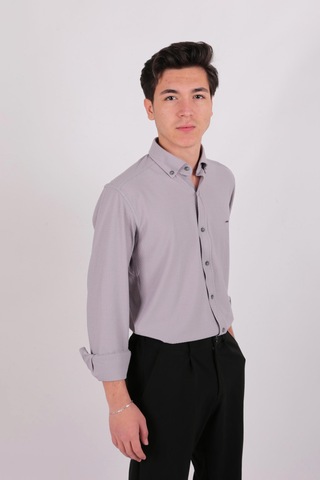 Twın Lıon Twin Lıon 408 Slimfit Örme Armürlü Düz Gömlek Gri