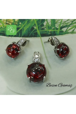 Kırmızı Bombeli Taşlı Set Rose Gold - Gümüş