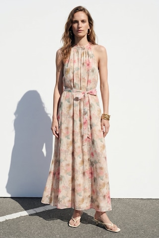 Sateen Desenli Uzun Elbise - Pembe-137409