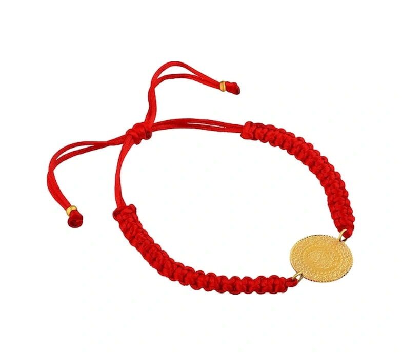 Agakulche 22 Ayar Çeyrek Altınlı Kırmızı İpli Bileklik