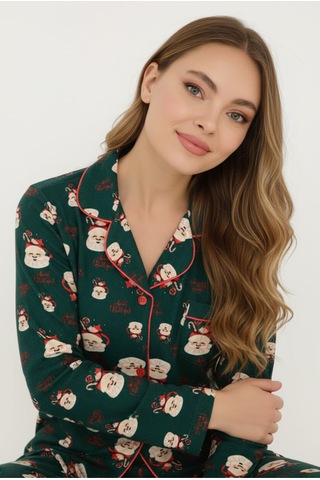 Luxury Soft Yeşil Noel Baba Desenli Uzun Kollu Kadın Pijama Takımı 3023 Turkuaz