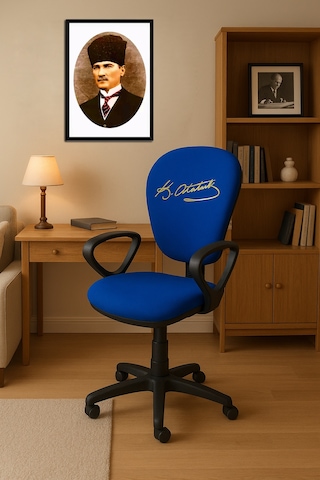 Atatürk Fb Taraftar Temalı Çocuk Çalışma Koltuğu Sarı Lacivert Tekerlekli Döner Ofis Ders Sandalyesi Lacivert