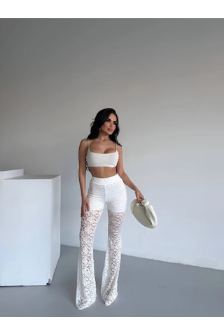 Havens Lace Kabartmalı İspanyol Paça Pantolon Beyaz