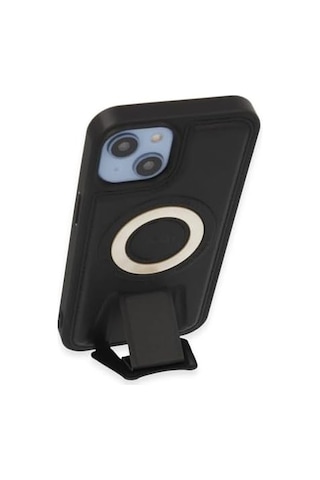 & Aksesuar Apple iPhone 13/14 İçin Magsafe İle Uyumlu Arkası Deri Görünümlü, Yapıya Sahip Kamera Çerçeveli Ultra Güçlendirilmiş Magsafe Özellikli Açılır Stantlı Darbeye Dayanıklı Kılıf Siyah
