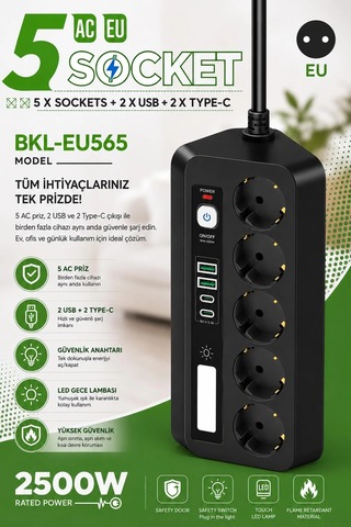 5 Li Akım Korumalı Priz 2500w 2 Usb + 2 Type-c Hızlı Şarj Led Gece Lambalı Dokunmatik Siyah 0