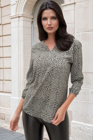 Haki Leopar Desenli, Lastikli Kol Detaylı, Şifon Bluz Haki