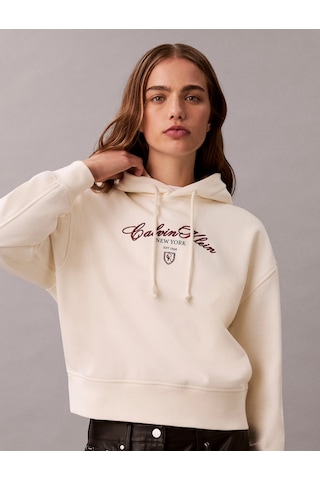 Calvin Klein Uzun Kollu Kısa Grafikli Kapüşonlu Kadın Beyaz Sweatshirt Lv047e208g-yat Beyaz