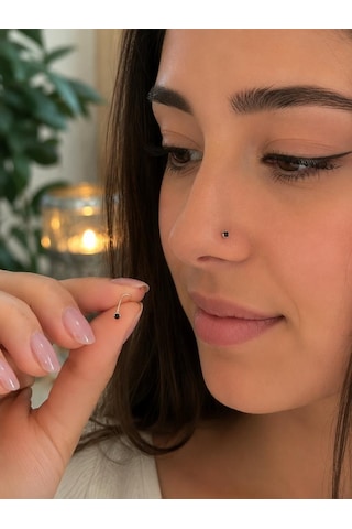 925 Ayar Gümüş Siyah Taşlı Burun Hızması Piercing Minimal L Şekilli Unisex Nose Stud Gri