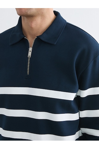 Lcw Vision Lacivert Polo Yaka Çizgili Erkek Kalın Sweatshirt