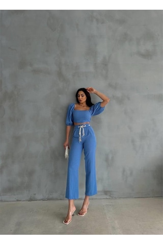 İkales Keten Crop Karpuz Kol Bluz-pantolon Hasır Kemerli - Mavi