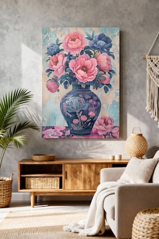 Mushen Studio Mavi Vazo Pembe Çiçek Deseni Kanvas Tablo