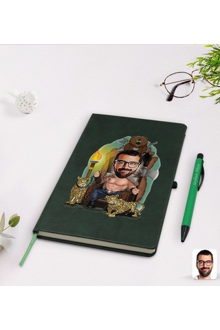 Kişiye Özel Viking Karikatürlü Yeşil Termo Deri Defter Kalem Seti