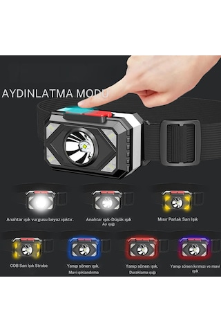 Su Geçirmez 7 Farklı Işık Moduna Sahip 800 Mah Lityum Pilli Kafa Feneri Siyah