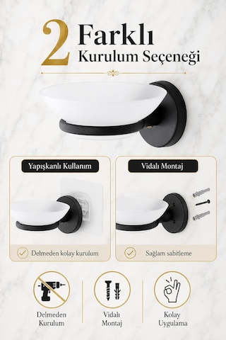 Alper Banyo Lotus Yapışkanlı Mat Siyah Sabunluk, Plastik Tabaklı