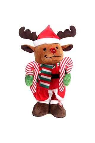 Yılbaşı Bastonlu Dans Eden Pilli Peluş Ren Geyiği - 30 Cm