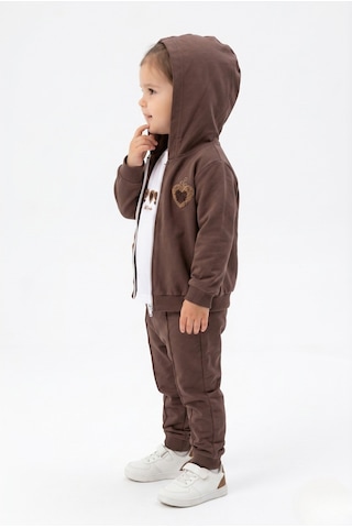 Toontoy Kids Toontoy Kız Çocuk 3'lü Eşofman Takımı Uzun Kollu Bisiklet Yaka Nakışlı T-shirt - Kapüşonlu Fermuarlı Hırka- Beli Paçası Lastikli Eşofman Altı 25041 Kahve