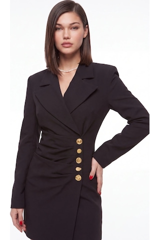 CEMO Yanı Büzgülü Ve Gold Düğme Detaylı Blazer Elbise Siyah