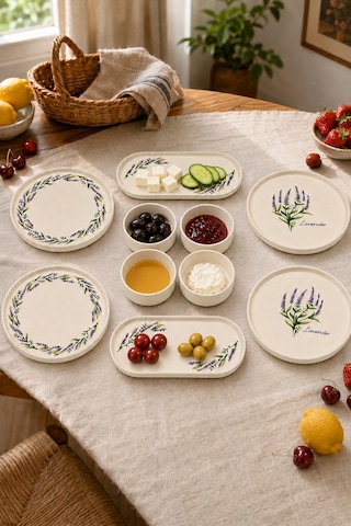 Lavanta 10 Parça 4 Kişilik Handmade Stackable Seramik Tabak Seti Premium Sunum & Kahvaltı Takımı Beyaz