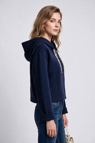 Bsb Kadın Kapüşonlu Fermuarlı Kısa Sweatshirt Hırka Kristal Taş İşlemeli İpli Mavi