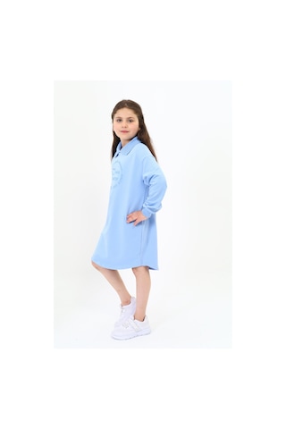 Kız Çocuk Baskılı Oversize Polo Yaka Uzun Kollu Elbise Mavi