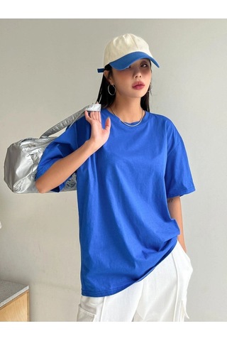 Flood Of Style Kadın Mavi Oversize Bisiklet Yaka Tshirt