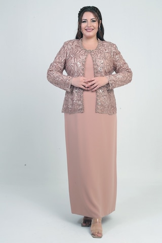 Kadın Pul İşlemeli Boncuk Detaylı Tül Ceket Yarım Ay Kollu Uzun Elbise Astarlı Krep Büyük Beden 2'li Takım Gold