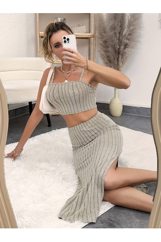 Munn Collection Kadın Kolsuz Askılı Crop Yırtmaçlı Midi Etek Fitilli Kaşkorse Takım Bej