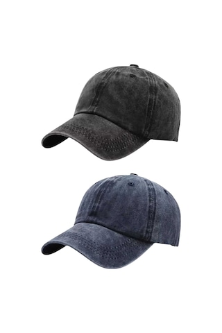 Tezzgelsin Unisex Eskitme Vintage Pamuklu Ayarlanabilir Beyzbol Kep Şapka 2'li Set Siyah - Lacivert