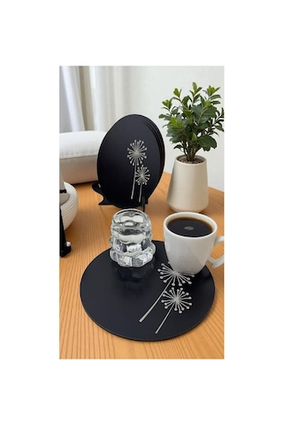 Asude Hediyelik 6 Adet Ahşap Yuvarlak Çay,kahve, Servis Tepsisi Sunum Tepsisi 15 Cm Yaşam Çiçeği-siyah