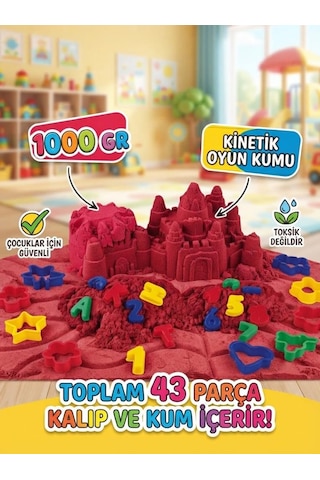 Sihirli Eğitici Oyun Kumu 1000 Gr 43 Parça Kinetik Kum Seti Alfabe Ve Sayı 3d Kalıplı Çocuk Oyuncağı Kırmızı