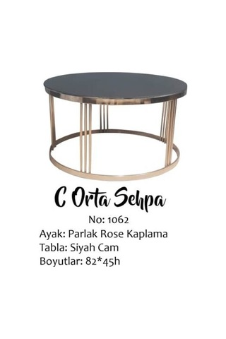 Orta Sehpa C Brc Model Düz Siyah Temper Cam Metal Çelik Rose Renk Kaplama Ayak El Yapım