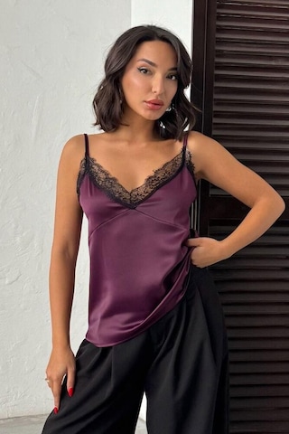 Ckm Moda Noiria Siyah Dantel Detaylı Saten Askılı Kadın Atlet Mürdüm