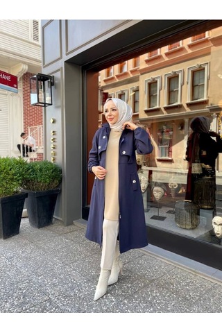 Ara Boy Önü Düğmeli İthal Kaşe Kaban / M0111 - Lacivert Lacivert