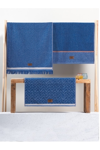 Cotton Box 3'lü Jakarlı Havlu Seti Çantalı 50x90 -denim Mavi Mavi