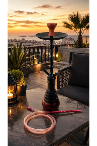 Nargile 70 Cm Siyah Kırmızı Büyük Boy Nargile Takımı Cam Şişe Uzun Gövde