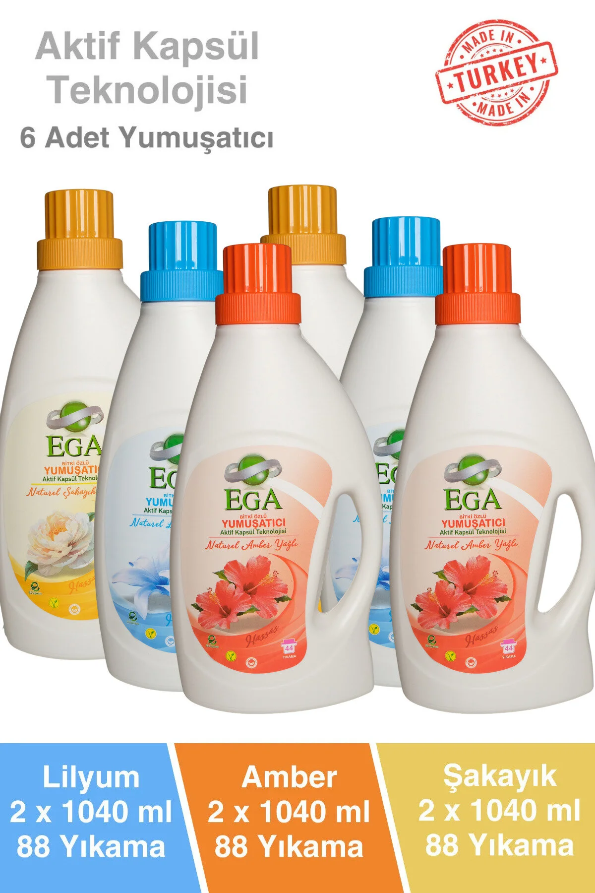 Aktif Kapsül Teknolojili Çamaşır Yumuşatıcısı 6 X 1040 Ml 264 Yıkama Şakayık Lilyum Amber 6'lı Set