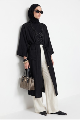 Avenna Doğal Kumaş Kuşaklı Cepli Beli Kuşaklı Kolyeli Kimono Siyah 26ya511
