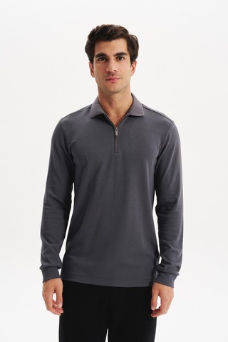 AR-MA Arma Erkek Basic Slim Fit Fermuarlı Polo Yaka Sweatshirt İnce Modal Pamuk Elastan Karışımlı Örme İnterlok Kumaş K30554989002 Gri