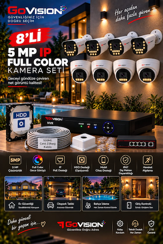 Go Vision 8'li Güvenlik Dome Bullet Ip Kamera Seti - 3.6mm Lens, H.265, Poe, Warm Led Gece Görüşlü