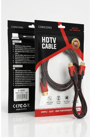 Concord C-5901 Örgülü Altın Uçlu Hdmı Kablo 1.5 Metre Full Hd 4k Destekli Concord C-5901 Örgülü Altın Uçlu Hdmı Kablo 1.5 Metre Full Hd 4k Destekli