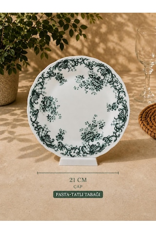 6 Kişilik 24 Parça Vintage Yeşil Desenli Porselen Yemek Takımı Seti