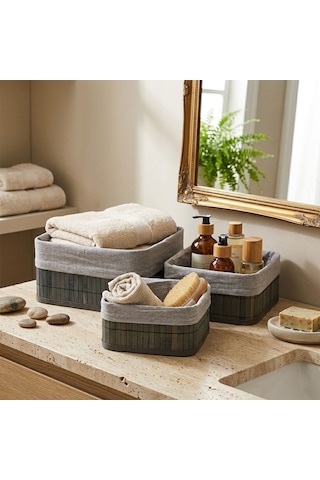 Kare Bambu Kenarlı Organizer Sepet - Bezli Ahşap Taban 3 Boy, 17x21x25 Cm Çok Renkli