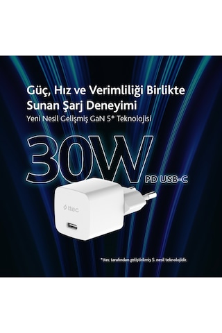 Ttec 2SCP03CB Smartcharger Gan 30W PD Seyahat Hızlı Şarj Aleti + USB-C - USB-C 3A Kablo