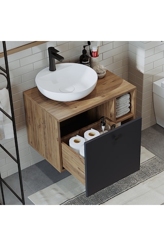 Ayaksız Lavabolu Mdflam 65 Cm Çekmeceli Banyo Dolabı Atlantik Çam - Antrasit