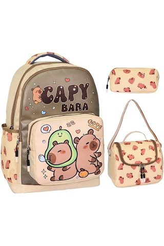 Capybara Bej İlkokul 3 Lü Set Baskılı, Beslenmeli Ve Kaleml