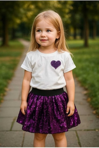 Kız Çocuk Mor Kalp Desenli Pullu Pamuklu Prenses Takım Mor