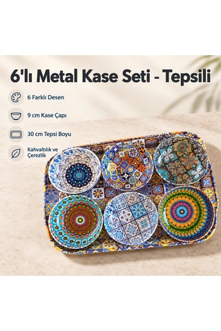 Tepsili 6'lı Metal Kase Seti Çok Renkli