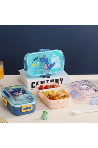 Yeiuyi7 Karikatür Desen İki Bölme Çocuklar İçin Isıtılabilir Öğle Yemeği Kutusu 700ml Açık Mavi